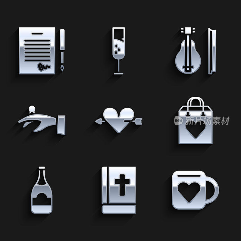 Set Amour with heart and arrow, Holy bible book, Coffee cup, Shopping bag, Champagne bottle, Wedding rings on hand, Violin and Marriage contract icon. Set Amour with heart and arrow, Holy bible book, Coffee cup, Shopping bag, Champagne bottle, Wedding rings on hand, Violin and Marriage contract icon。向量